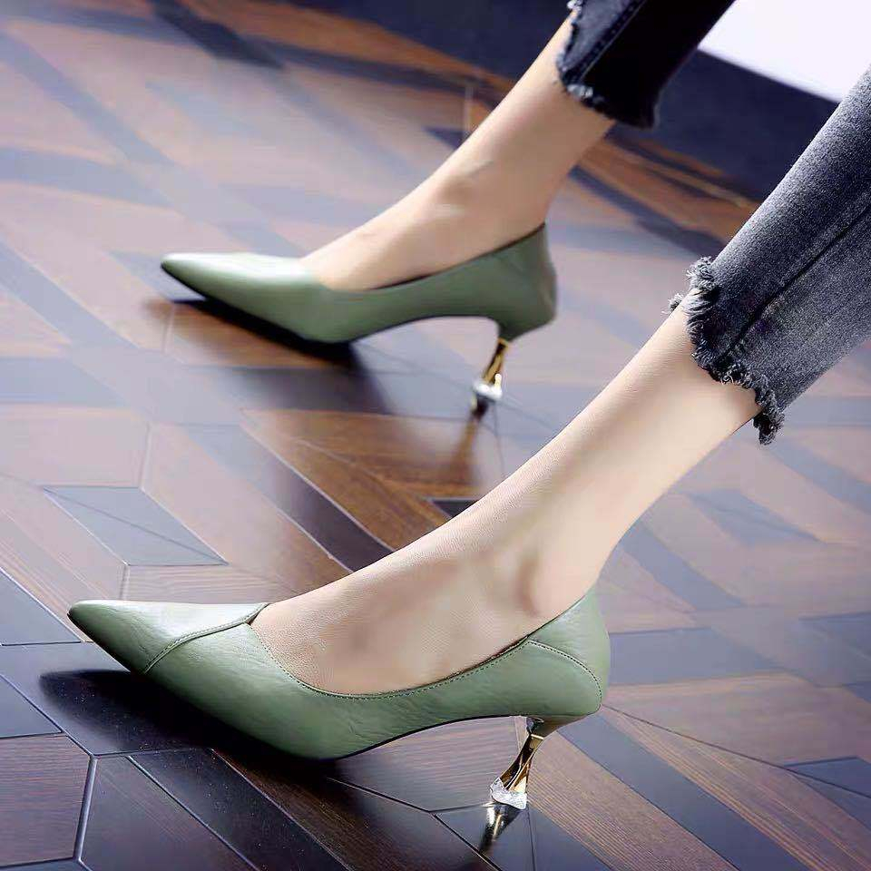 YAOLI  Giày Cao Gót Da Mềm Mũi Nhọn Phong Cách Pháp