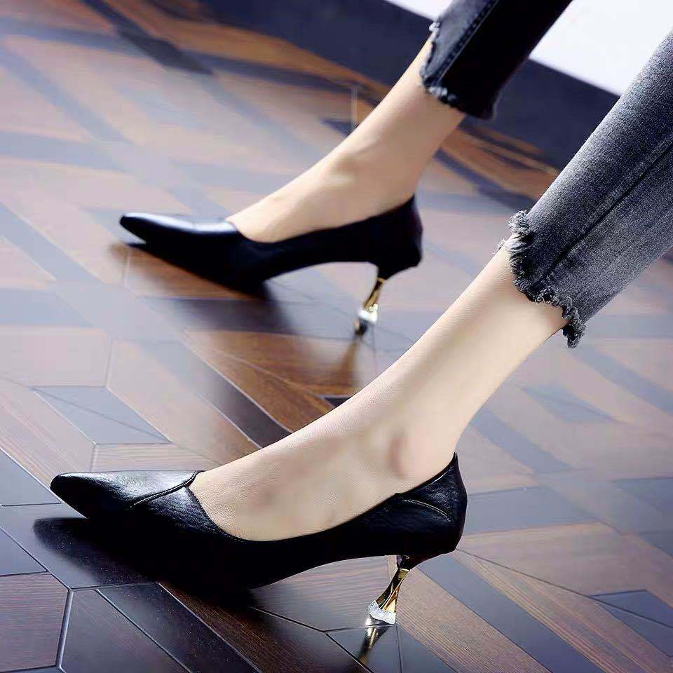 YAOLI  Giày Cao Gót Da Mềm Mũi Nhọn Phong Cách Pháp