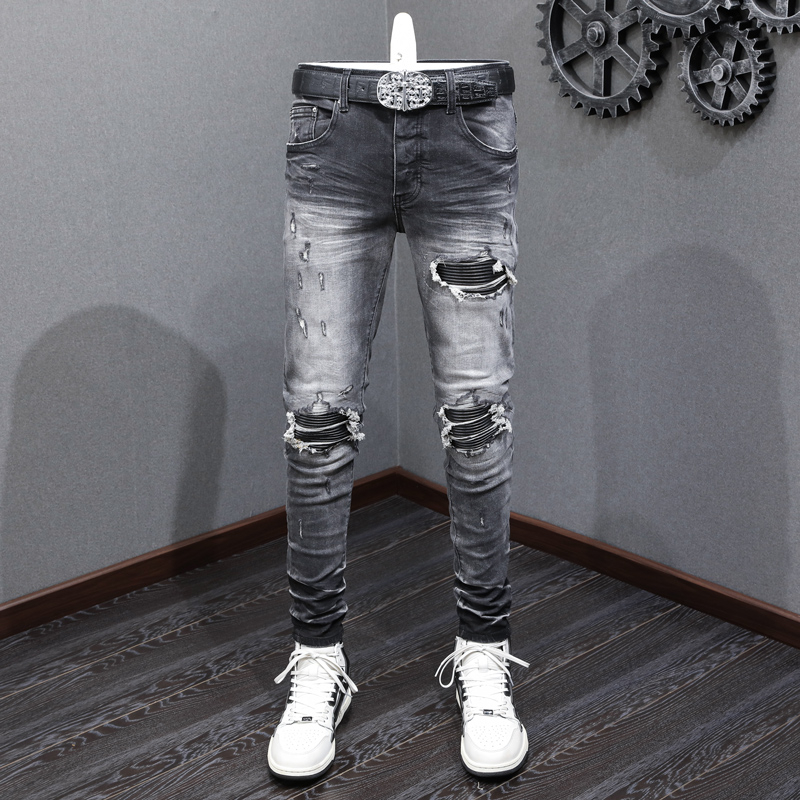 High Street Fashion Amiri Men Jeans Vintage Black Grey Tight Fit Leather Patch Button Front Design High Quality Hip Hop Men Jeans