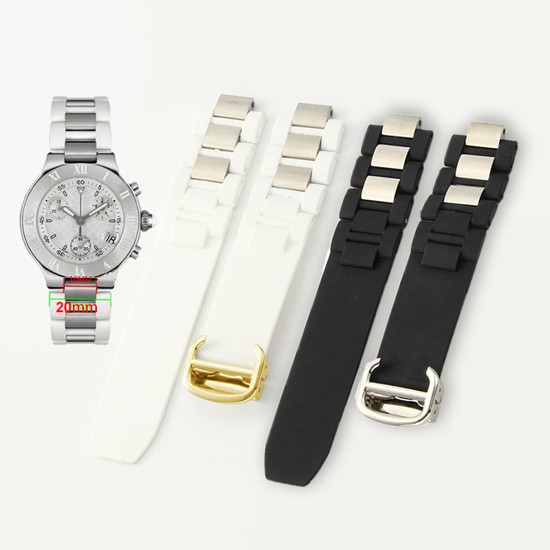 Dây đeo đồng hồ silicon 20mm * 10mm cho cartier thế kỷ 21 dây đeo bằng cao su mềm vòng đeo tay không thấm nước dây đeo đồng hồ màu đen trắng với khóa gấp