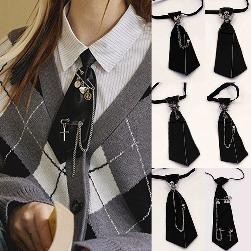 Punk black ribbon tie crystal rhinestone metal chain pre-tied collar trang sức cà vạt cổ áo cho nam 