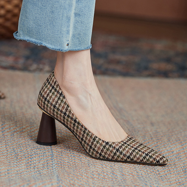 Giày cao gót phong cách mới gót dày mũi nhọn giày nữ cổ điển houndstooth kiểm tra mẫu