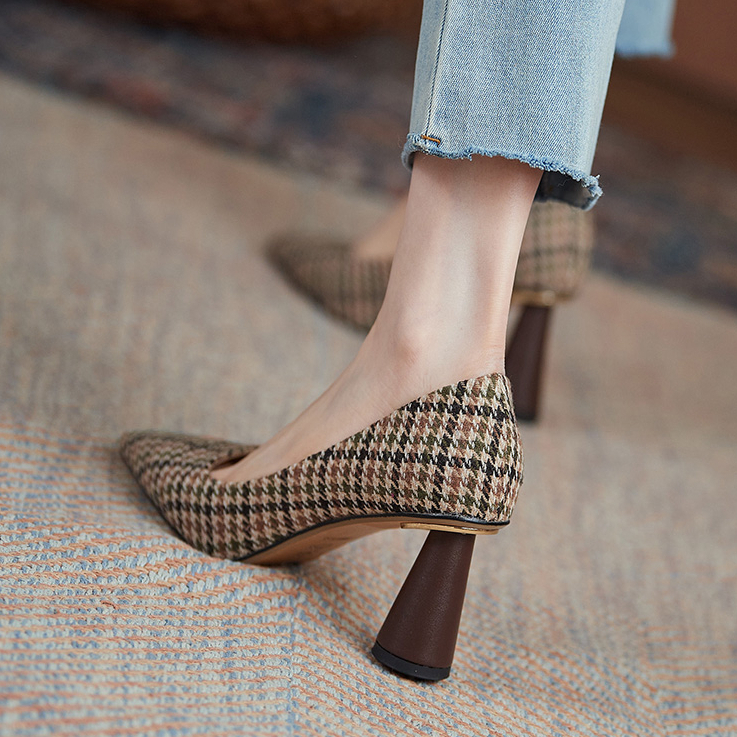 Giày cao gót phong cách mới gót dày mũi nhọn giày nữ cổ điển houndstooth kiểm tra mẫu