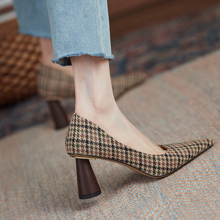 Giày cao gót phong cách mới gót dày mũi nhọn giày nữ cổ điển houndstooth kiểm tra mẫu