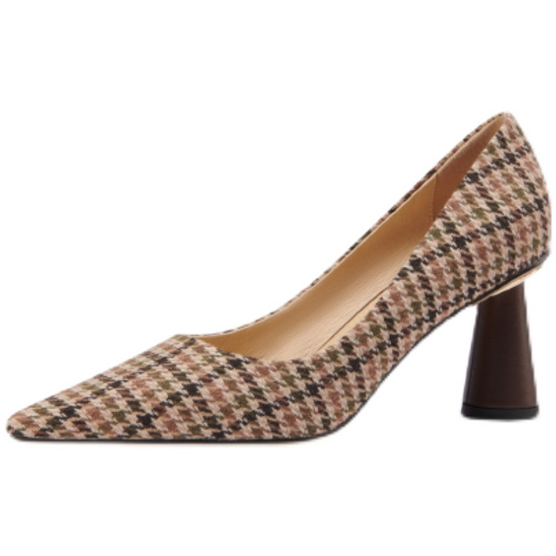 Giày cao gót phong cách mới gót dày mũi nhọn giày nữ cổ điển houndstooth kiểm tra mẫu
