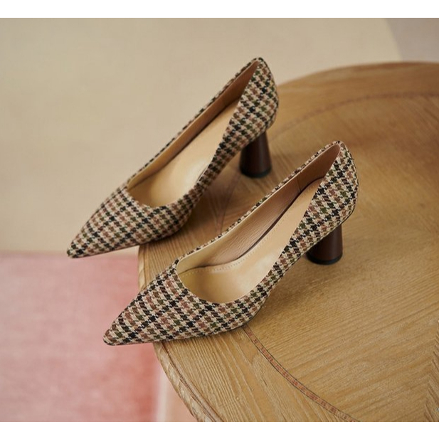 Giày cao gót phong cách mới gót dày mũi nhọn giày nữ cổ điển houndstooth kiểm tra mẫu