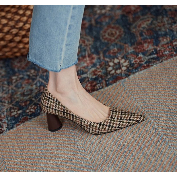 Giày cao gót phong cách mới gót dày mũi nhọn giày nữ cổ điển houndstooth kiểm tra mẫu