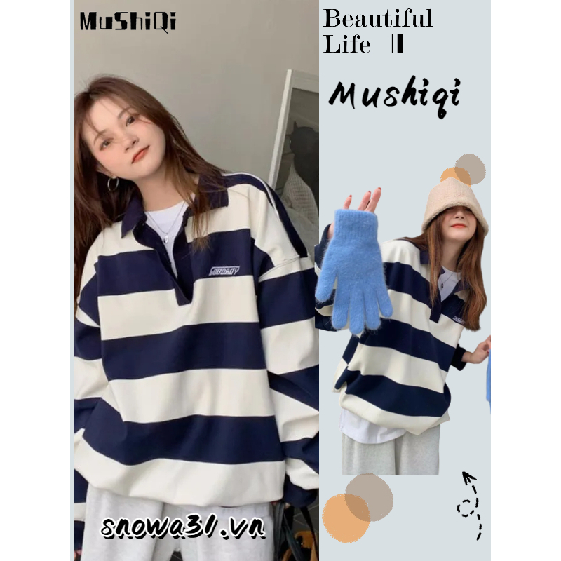 Mushiqi nữ thêu chữ mới áo len cổ lọ polo rộng rãi và linh hoạt