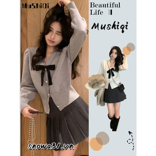 Áo khoác len sweater MUSHIQI thắt nơ tay dài ngọt ngào