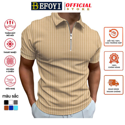 Áo polo nam BEFOYI kẻ sọc phối khóa kéo ôm dáng vừa vặn size lớn S-3XL phong cách Hàn Quốc thường ngày mùa hè