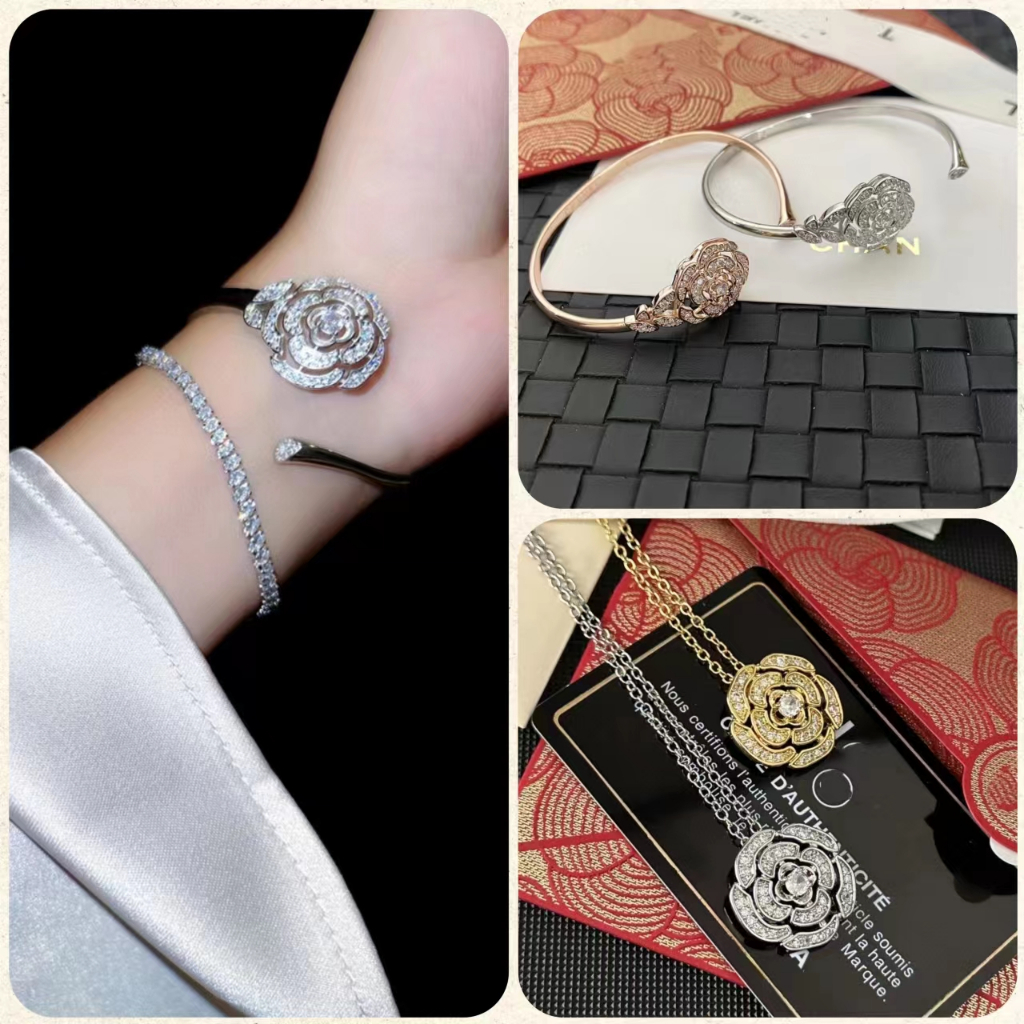 {boutique Ready stock} cc metal diamond camellia series vòng cổ vòng đeo tay bằng đồng thau mạ vàng với tem thép chất lượng cao hàn quốc 2023 bản sao phong cách mới thời trang cổ điển thanh lịch không phai màu vòng cổ nữ