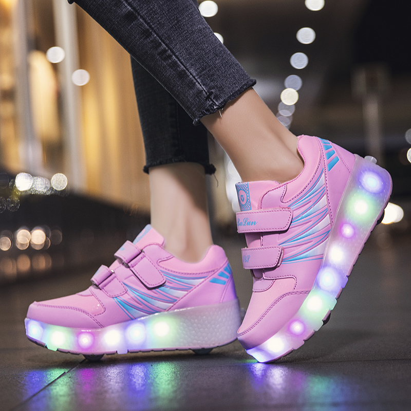 Giày Trượt Patin Phối Lưới Thoáng Khí Hai Bánh Xe Có Thể Sạc Lại Cho Người Lớn Và Trẻ Em