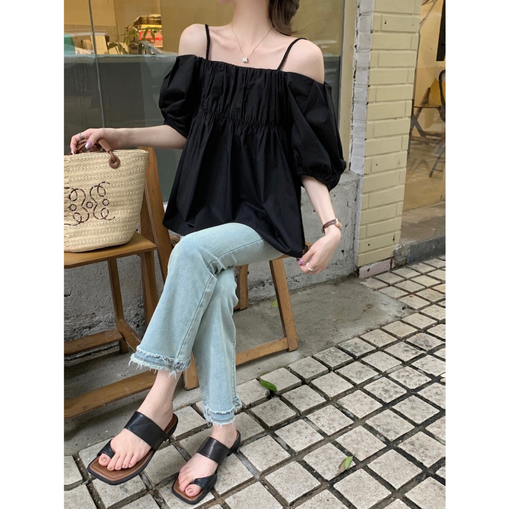 Áo dây XIAOZHAINV dáng rộng phối cai nhăn kiểu Pháp cho nữ