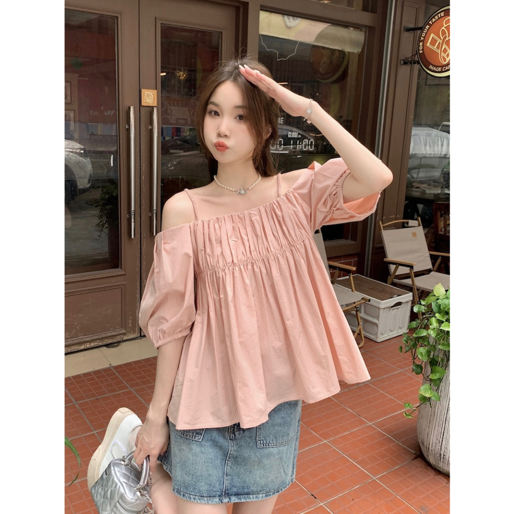 Áo dây XIAOZHAINV dáng rộng phối cai nhăn kiểu Pháp cho nữ