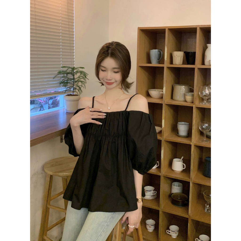 Áo dây XIAOZHAINV dáng rộng phối cai nhăn kiểu Pháp cho nữ