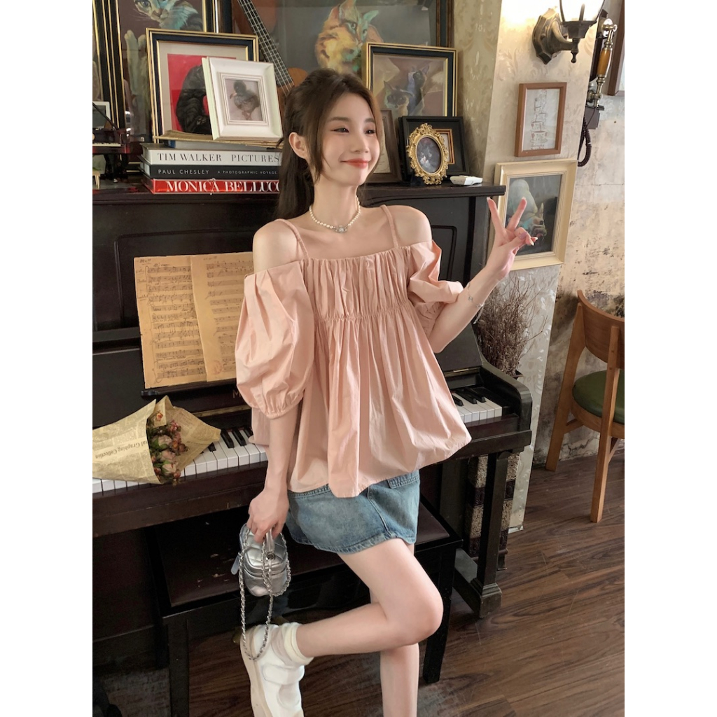 Áo dây XIAOZHAINV dáng rộng phối cai nhăn kiểu Pháp cho nữ