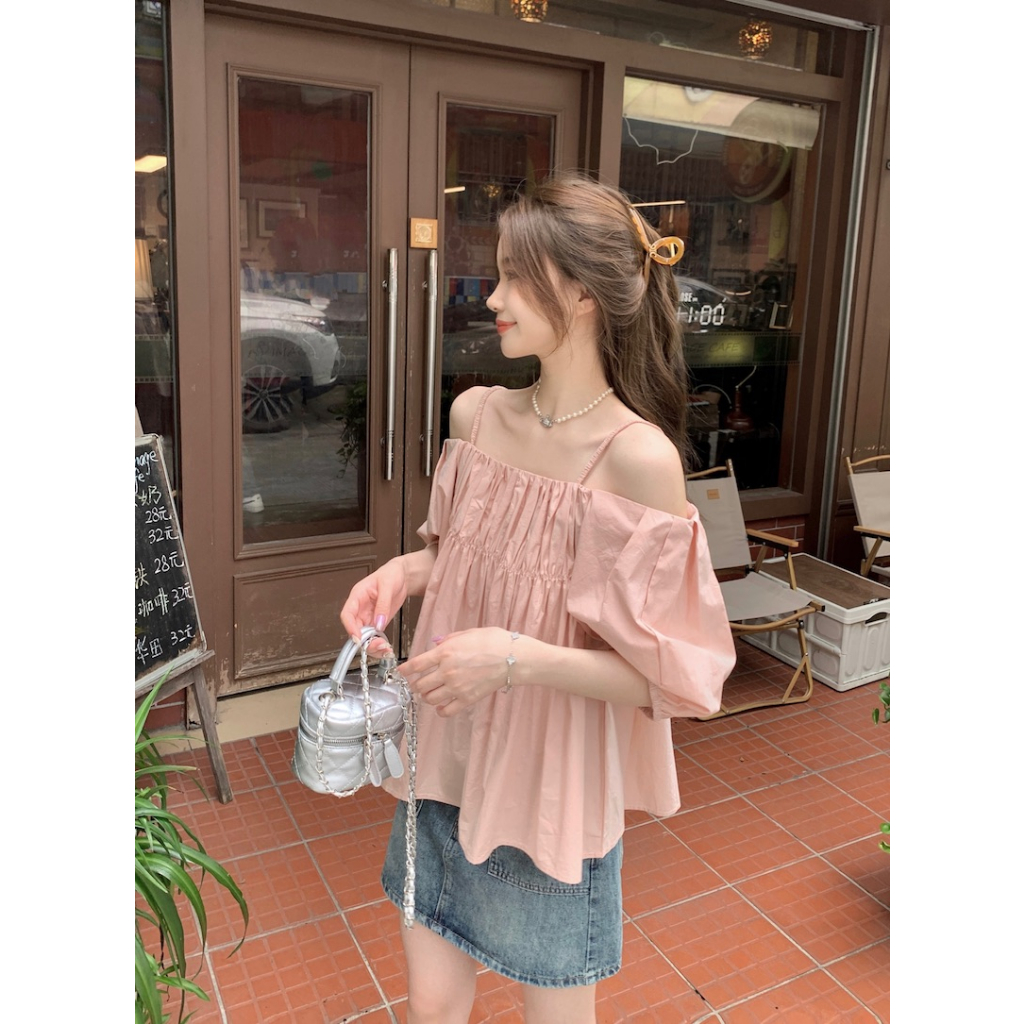 Áo dây XIAOZHAINV dáng rộng phối cai nhăn kiểu Pháp cho nữ