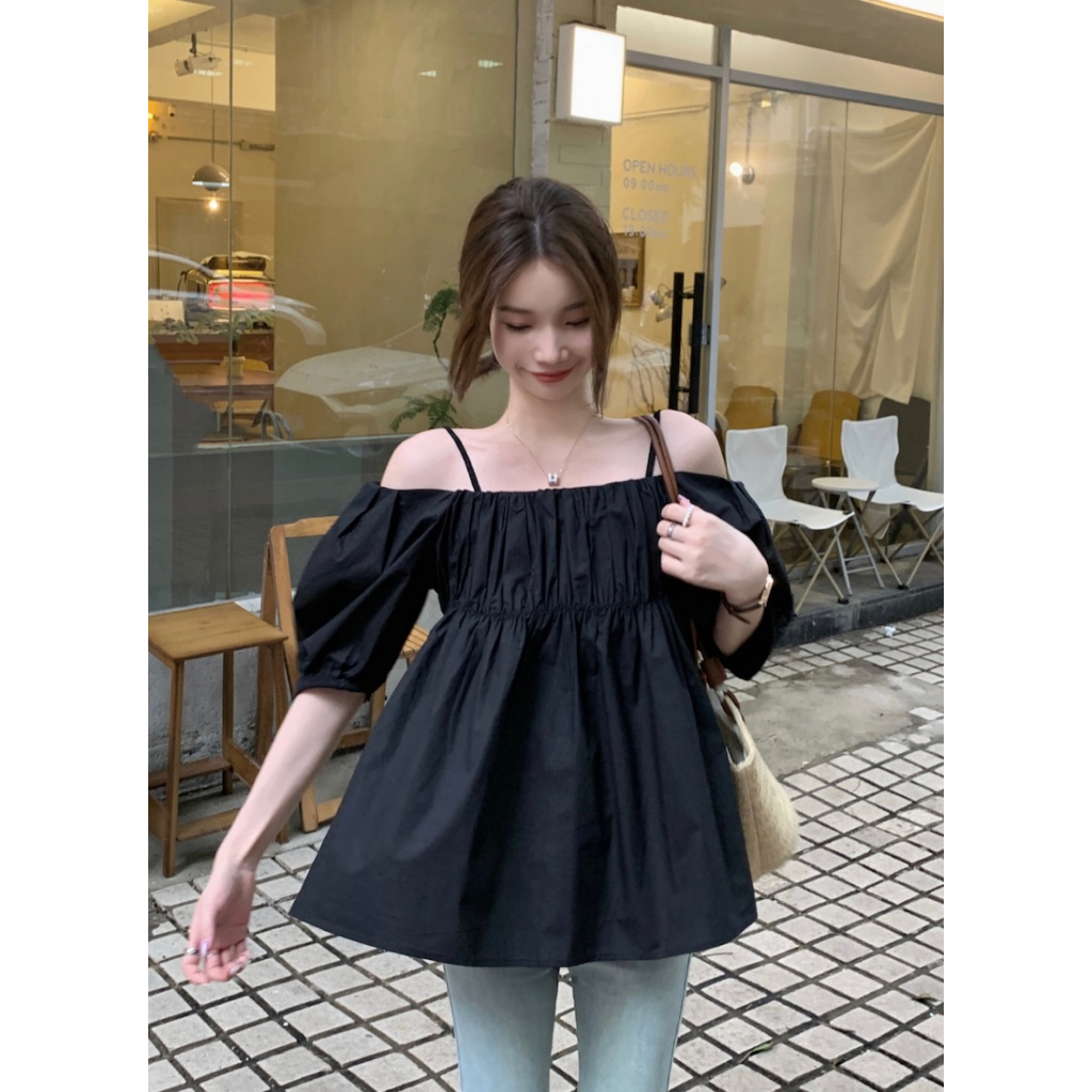 Áo dây XIAOZHAINV dáng rộng phối cai nhăn kiểu Pháp cho nữ