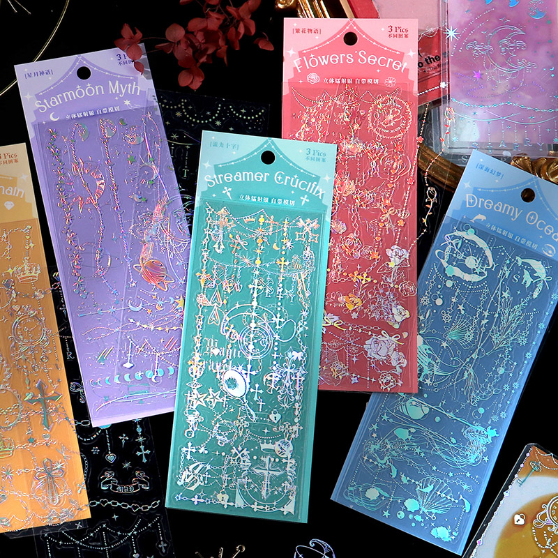 Mr. Paper 3 vé/túi Dán chống thấm nước PET Nóng bạc bướm hoa trăng chuỗi nhãn Tài liệu dán bàn tay sáng tạo gowkka DIY ly ly điện thoại văn phòng phẩm Hình ảnh trang trí stickers