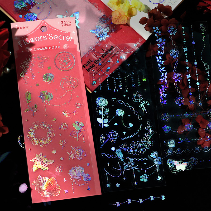 Mr. Paper 3 vé/túi Dán chống thấm nước PET Nóng bạc bướm hoa trăng chuỗi nhãn Tài liệu dán bàn tay sáng tạo gowkka DIY ly ly điện thoại văn phòng phẩm Hình ảnh trang trí stickers