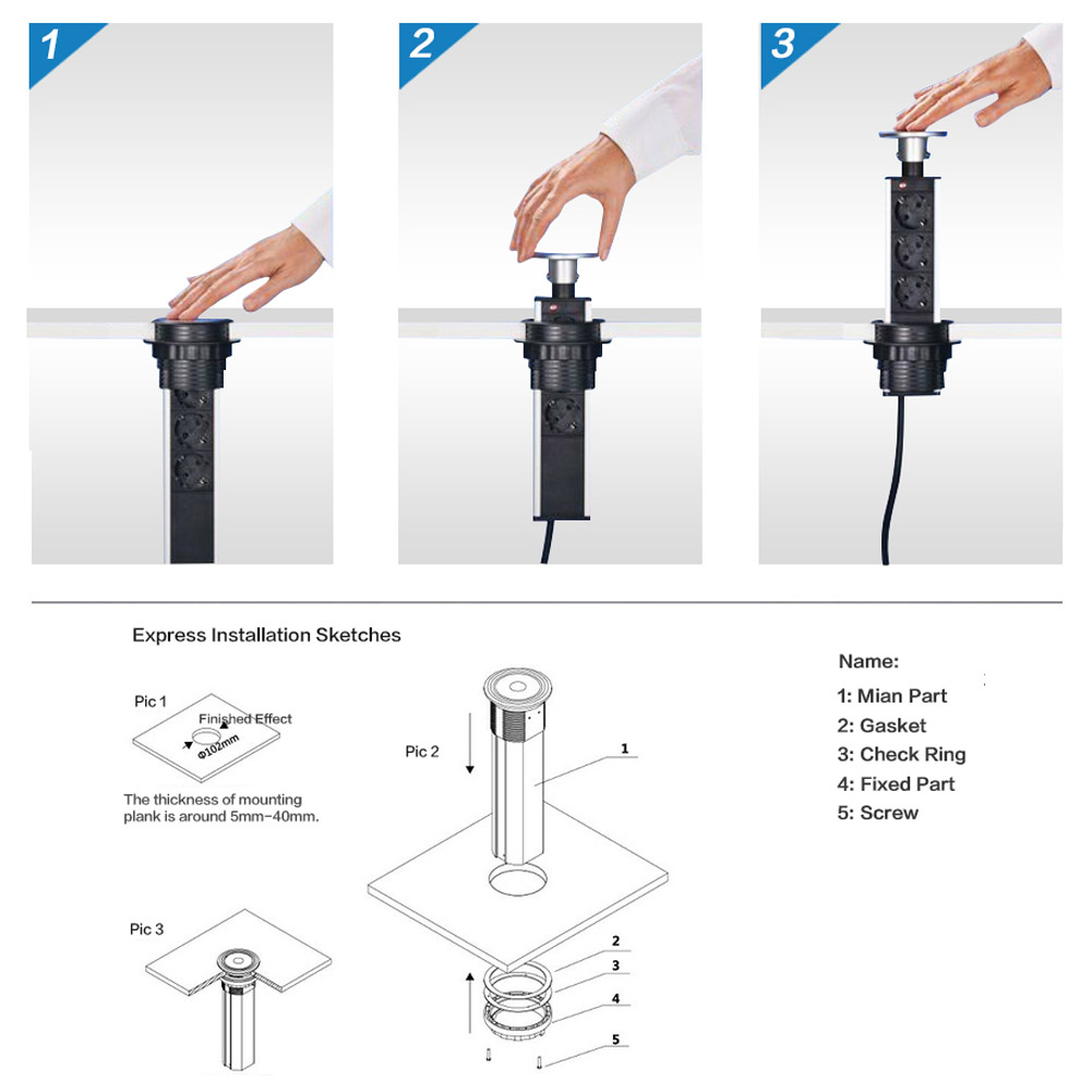 Điện Kéo Ổ Cắm Bàn Làm Việc Nhà USB Popup Phích Châu Âu 250V Homdeko K.