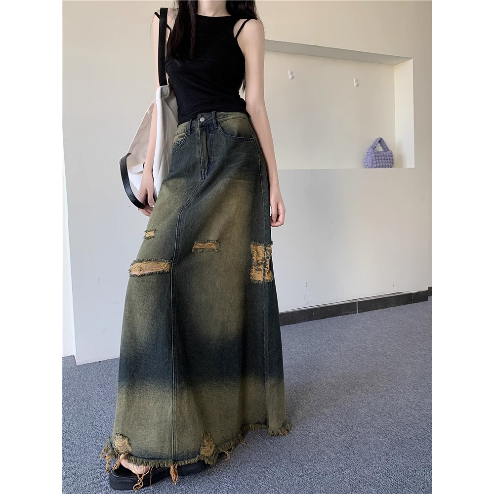 Honypove Mỹ retro sờn rách váy denim phụ nữ mùa hè eo cao thon gọn hơn nhìn a-line váy dài