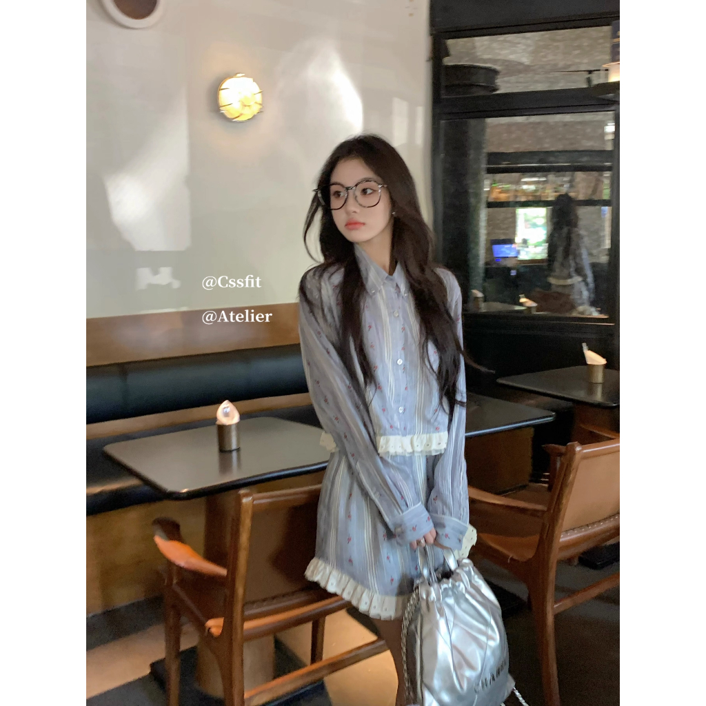 Honypove Bộ đồ pháp sọc thêu khâu ren áo sơ mi váy phù hợp với váy phụ nữ