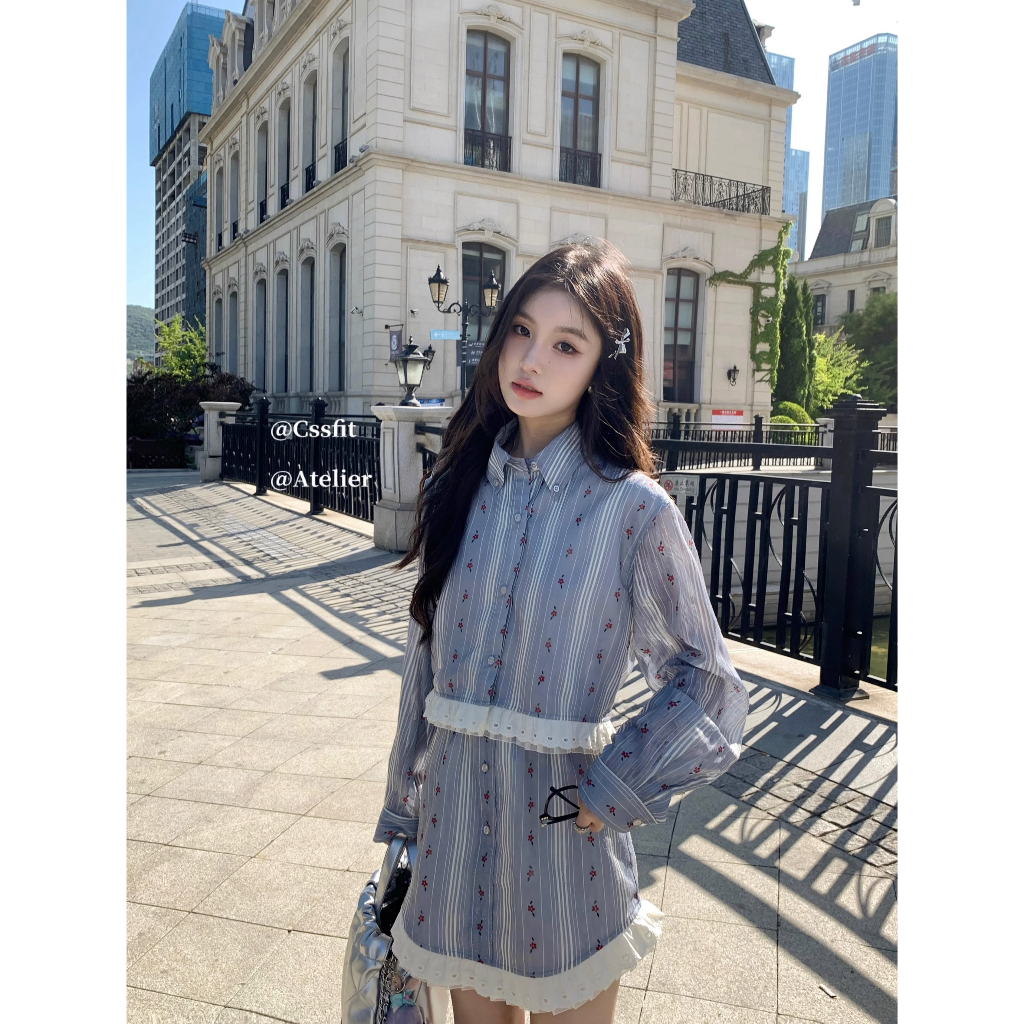 Honypove Bộ đồ pháp sọc thêu khâu ren áo sơ mi váy phù hợp với váy phụ nữ