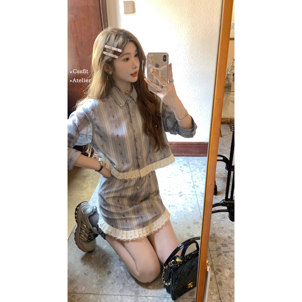 Honypove Bộ đồ pháp sọc thêu khâu ren áo sơ mi váy phù hợp với váy phụ nữ