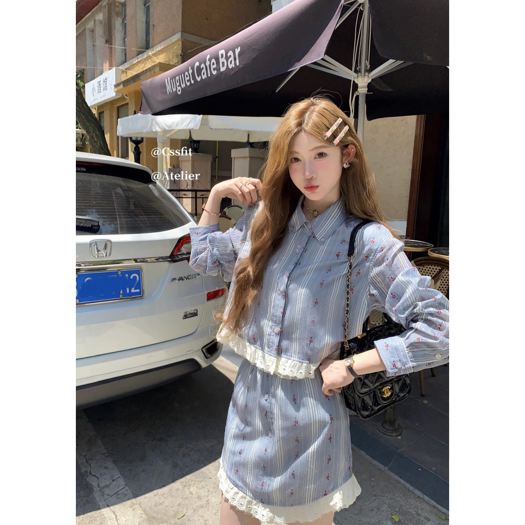 Honypove Bộ đồ pháp sọc thêu khâu ren áo sơ mi váy phù hợp với váy phụ nữ