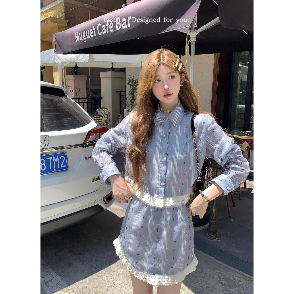 Honypove Bộ đồ pháp sọc thêu khâu ren áo sơ mi váy phù hợp với váy phụ nữ