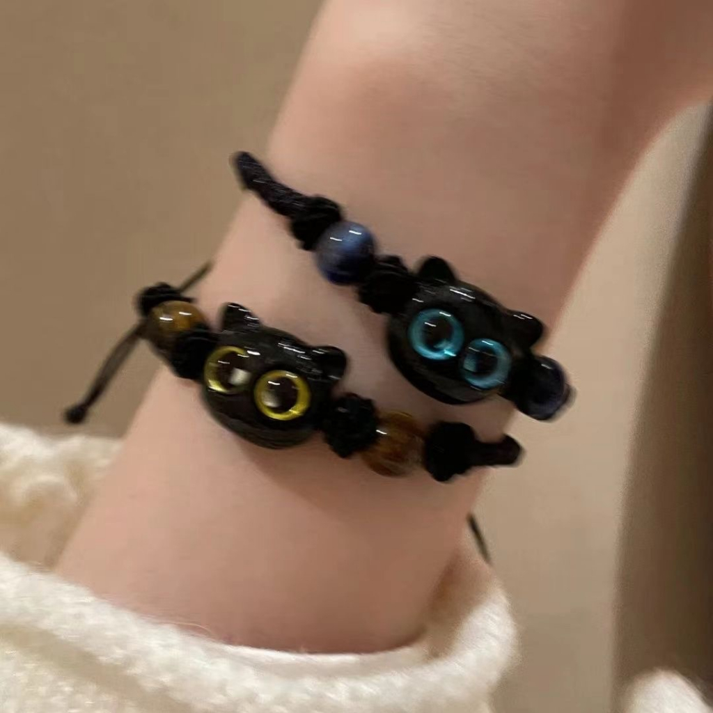 Sweet cool little meow ins niche design black sandalwood kitty braided bracelet cặp đôi quà tặng cho bạn gái quái vật