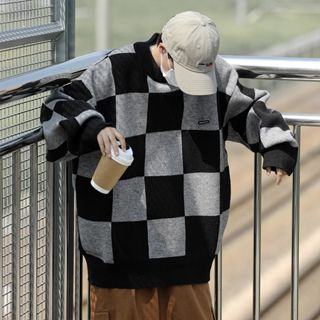 Áo Len Nam Dài Tay Cổ Tròn Màu Đen Họa Tiết Caro Thời Trang
