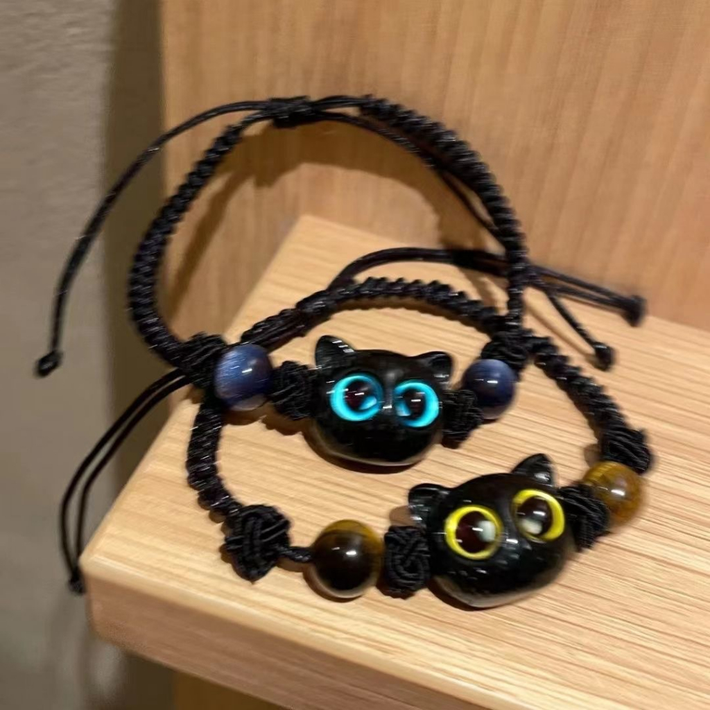 Sweet cool little meow ins niche design black sandalwood kitty braided bracelet cặp đôi quà tặng cho bạn gái quái vật