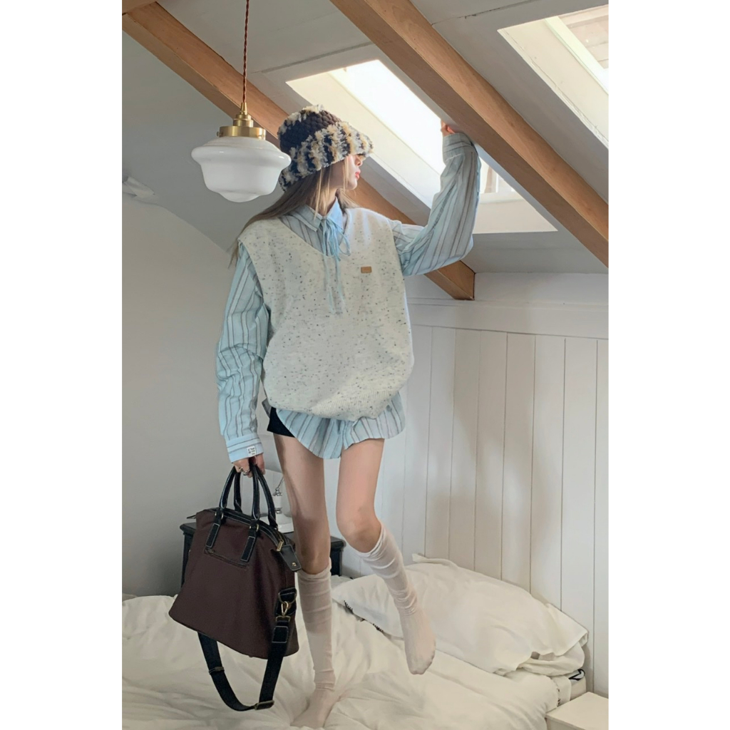 「MOTEL7」Vest vest dệt kim + áo sơ mi sọc dài tay áo len dệt kim bộ đồ hai mảnh