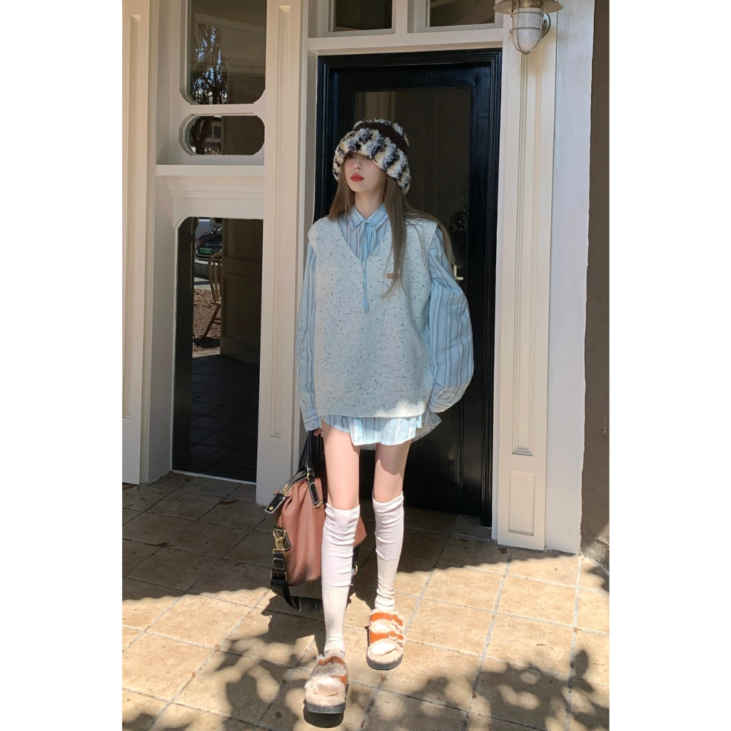 「MOTEL7」Vest vest dệt kim + áo sơ mi sọc dài tay áo len dệt kim bộ đồ hai mảnh