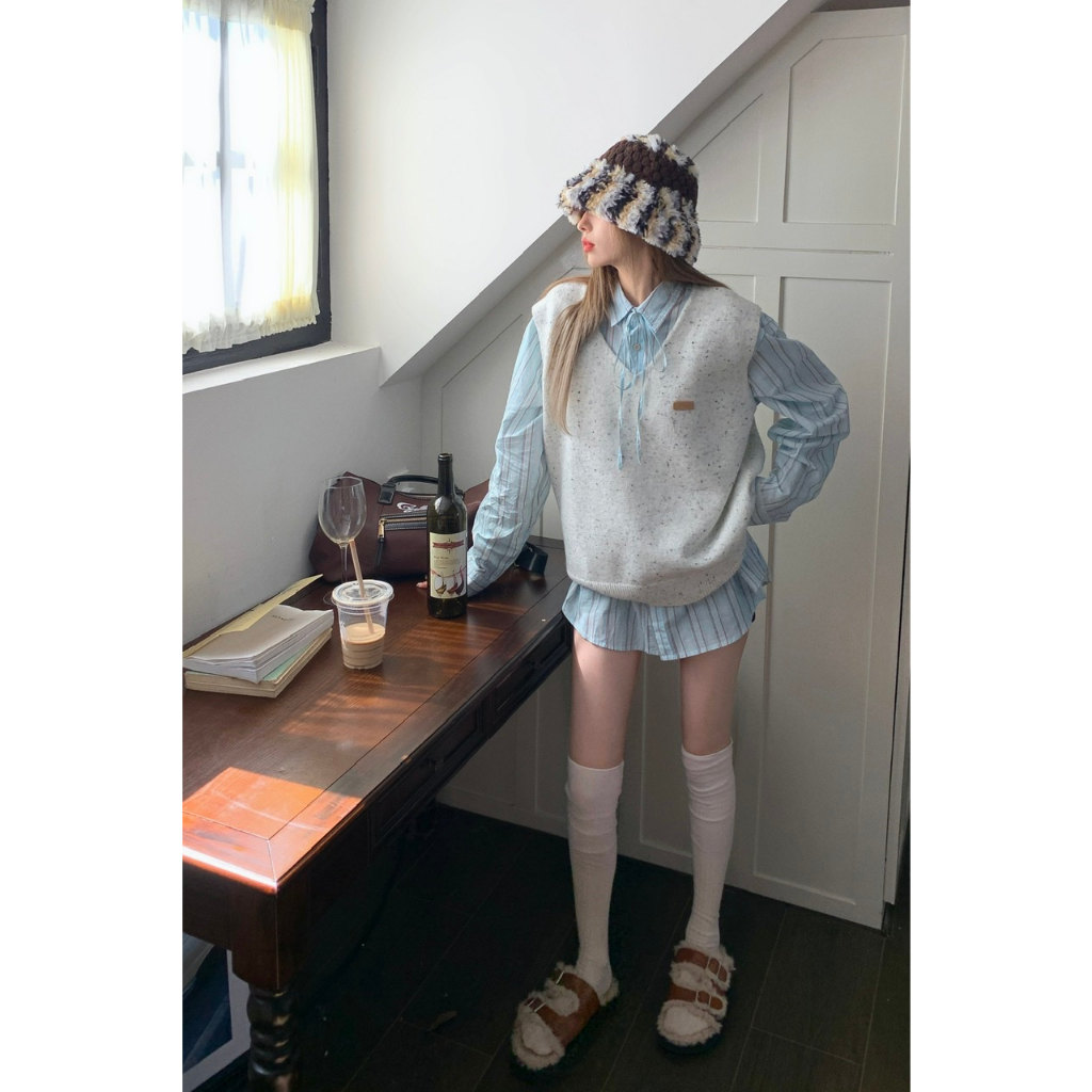 「MOTEL7」Vest vest dệt kim + áo sơ mi sọc dài tay áo len dệt kim bộ đồ hai mảnh