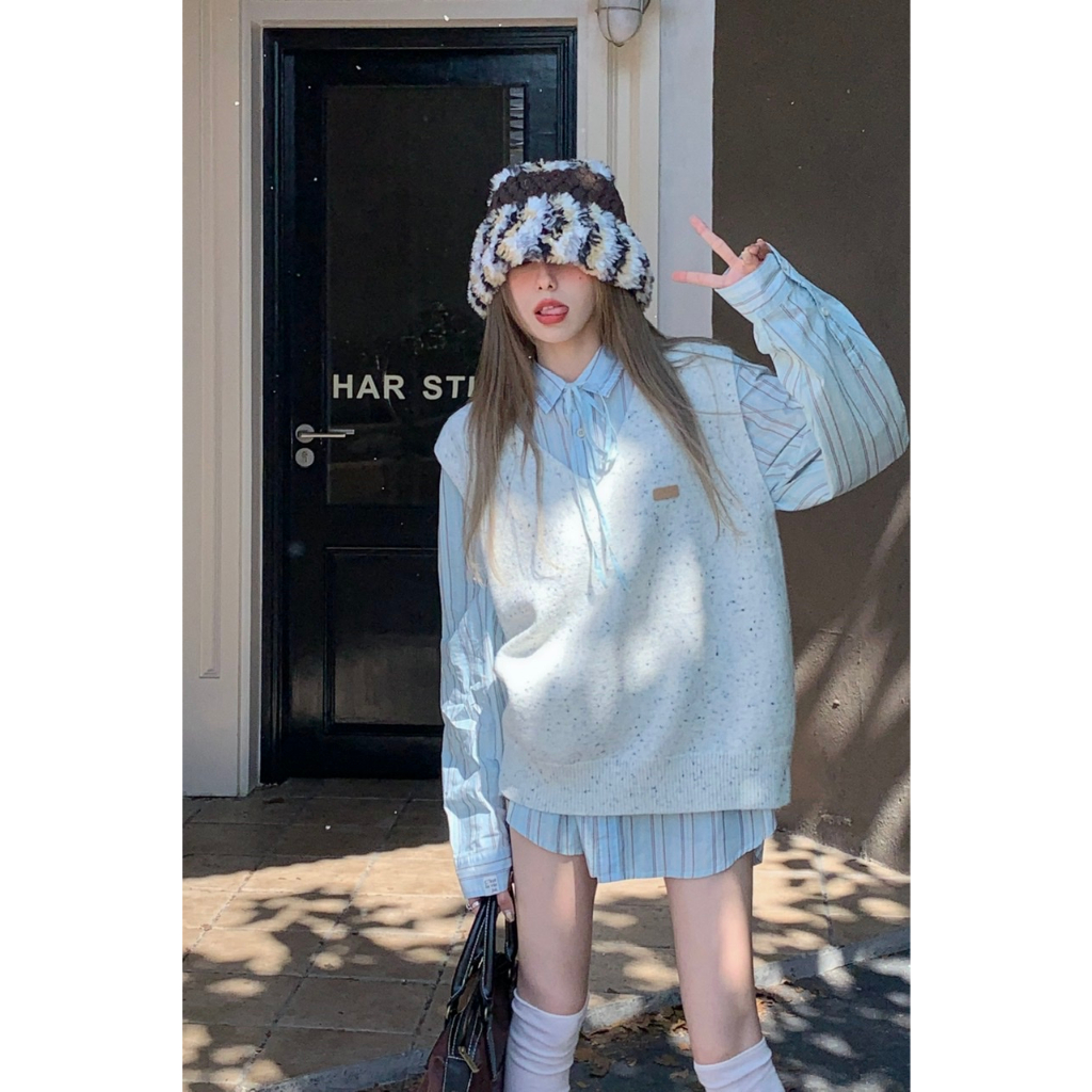 「MOTEL7」Vest vest dệt kim + áo sơ mi sọc dài tay áo len dệt kim bộ đồ hai mảnh