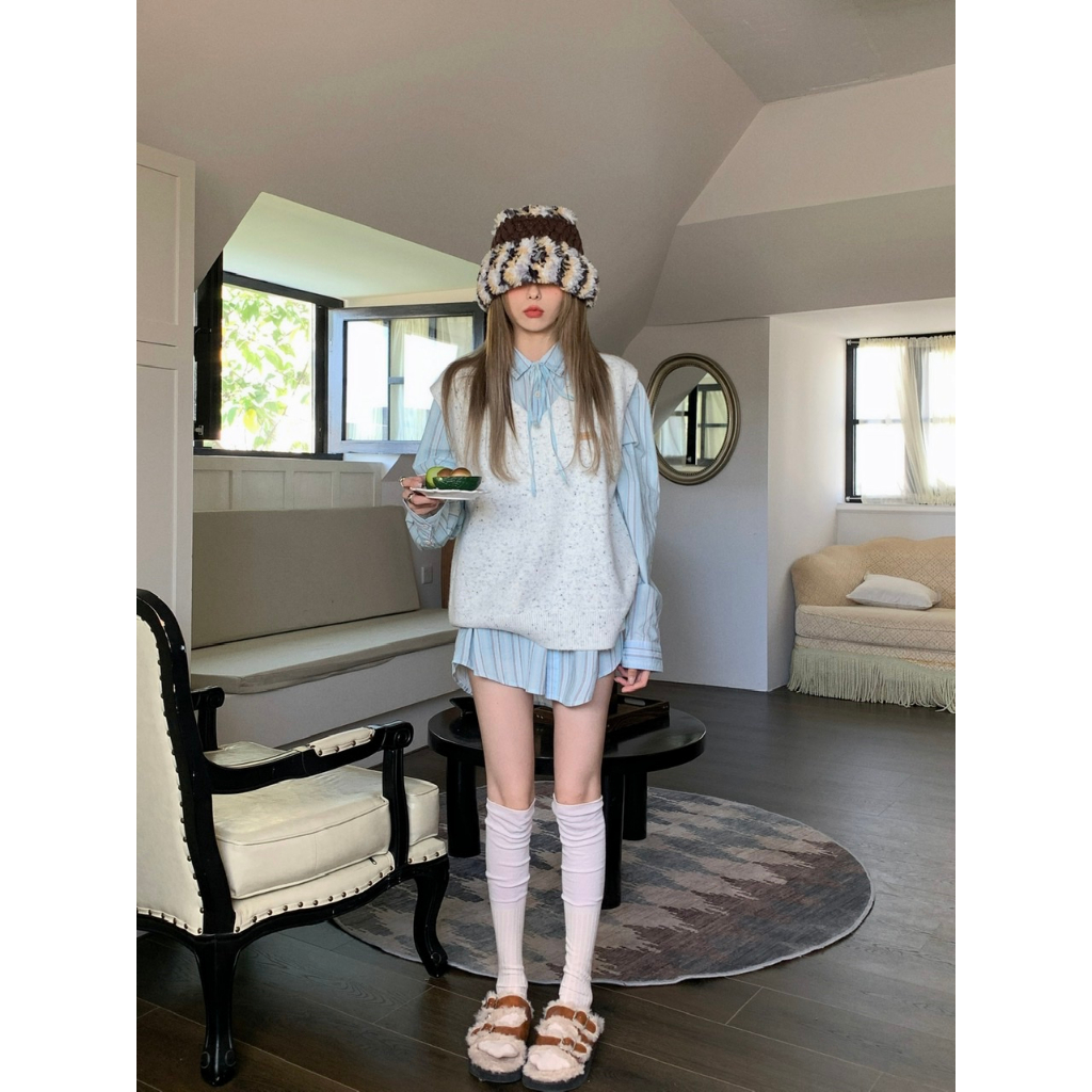 「MOTEL7」Vest vest dệt kim + áo sơ mi sọc dài tay áo len dệt kim bộ đồ hai mảnh