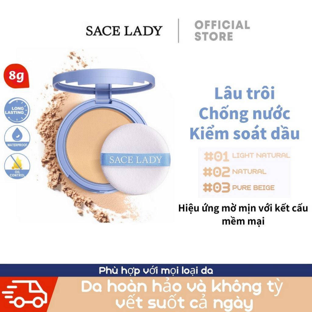 SACE LADY Phấn phủ Lasting Waterproof Oil Control Pressed Powder Cushion Phấn Phủ Mặt Mờ Kiểm Soát Dầu Phấn Phủ Sace Lady Kiềm Dầu Trang Điểm Không Tì Vết Lâu Trôi Kèm Gương