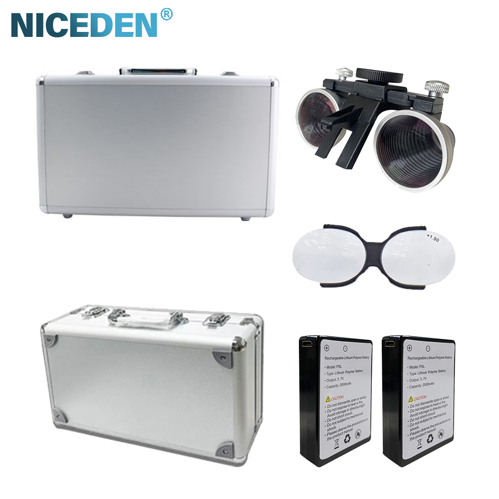 Đèn pha led nha khoa kính lúp hai mắt deasin hộp kim loại riêng biệt, pin riêng, kính lúp 1,5x riêng biệt, kính lúp 2,5x3,5x riêng biệt