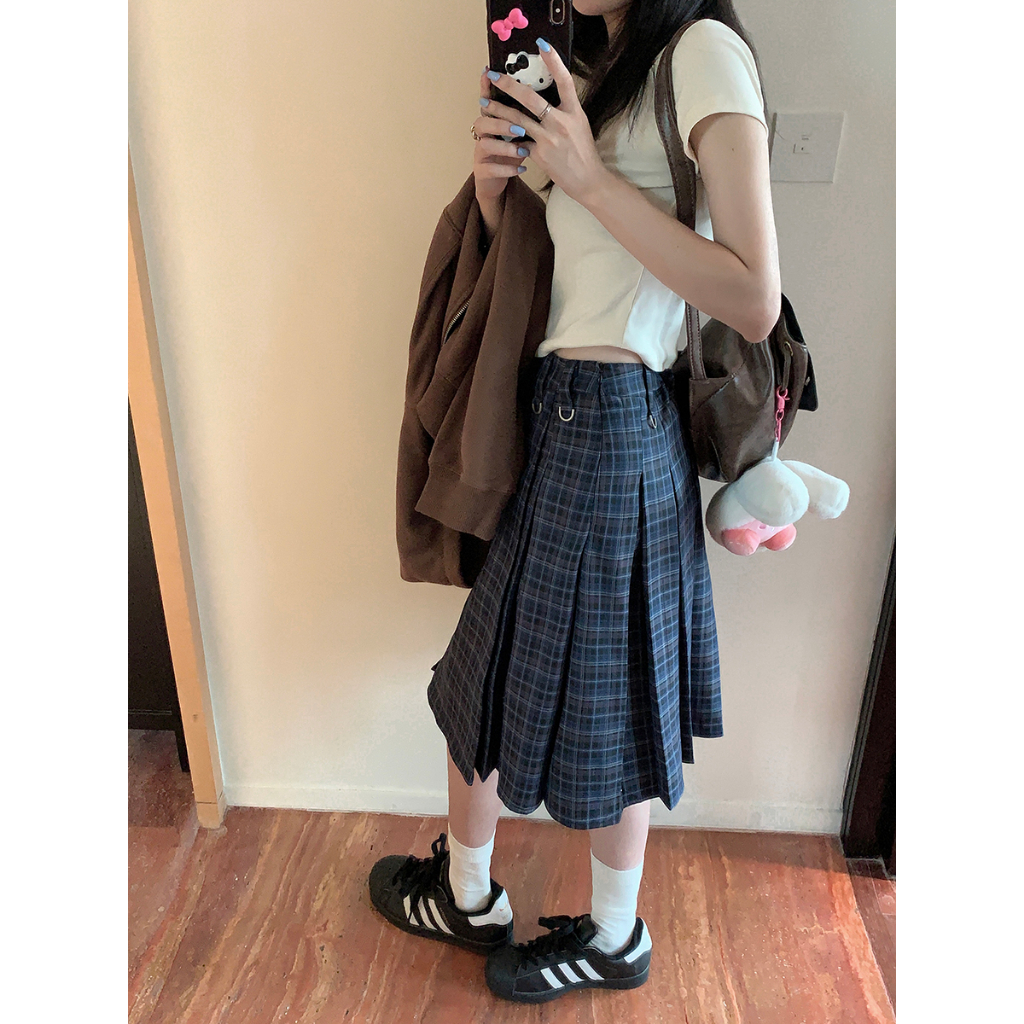 「MOTEL7」Váy kẻ sọc eo cao thon gọn hơn trông váy xếp ly preppy style mid-váy a-line umbrella trượt tuyết
