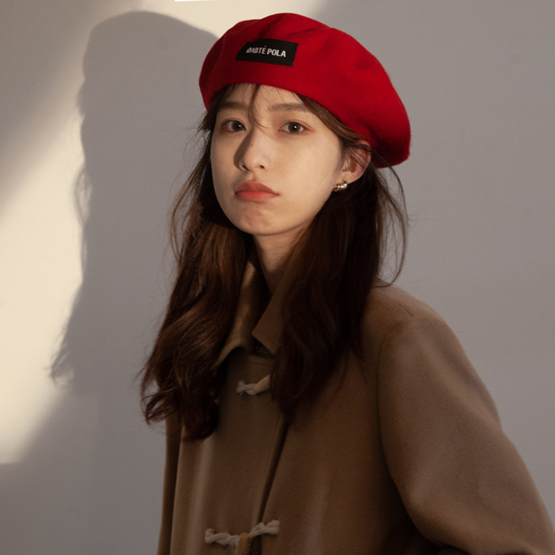 Mo Jiaoting Mũ Beret Len Đỏ Anh Quốc Dễ Phối Đồ Mùa Thu Đông Ấm Áp Cho Nữ