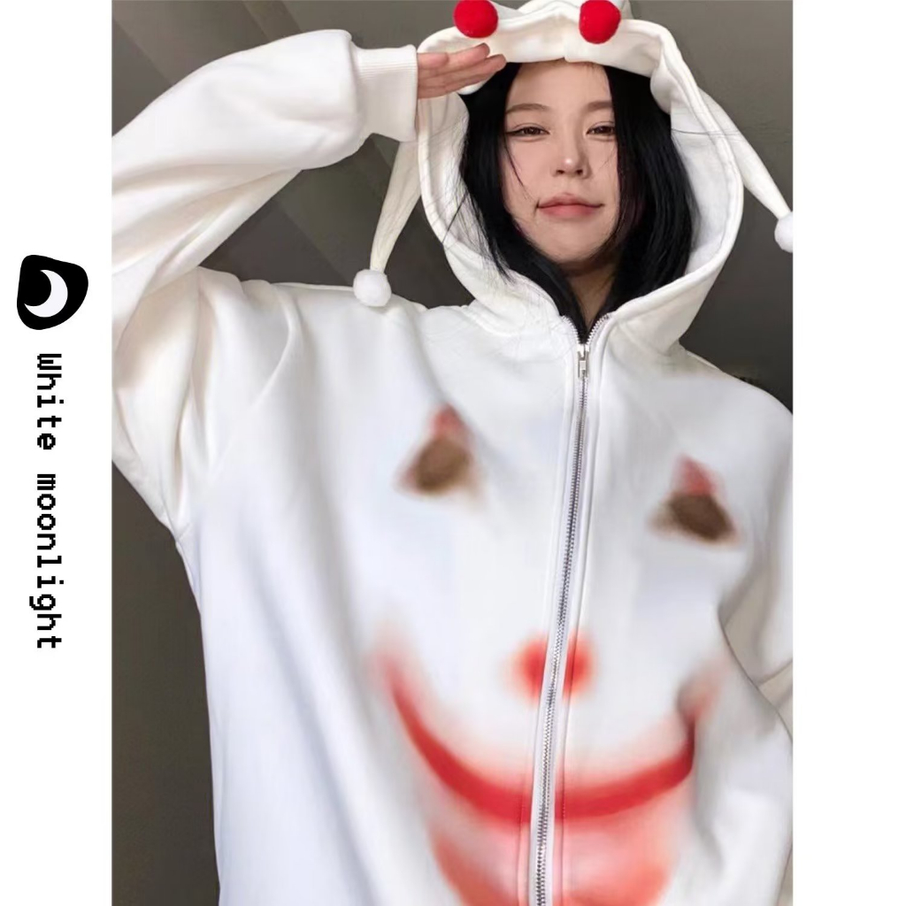 American 2023 new tóm tắt chú hề có mũ trùm đầu dây kéo áo len cardigan nam niche high-end white top cặp đôi mùa xuân và mùa thu nam và nữ