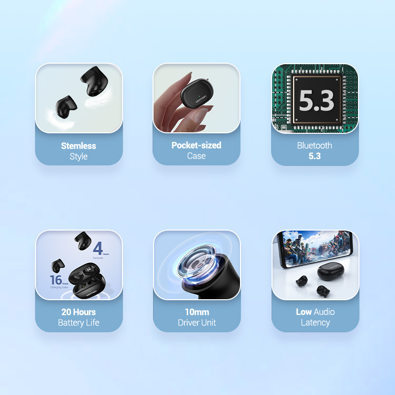 Tai nghe không dây VENTION bluetooth 5.3 nhét tai cỡ nhỏ chống nước ipx4 chống bụi mini
