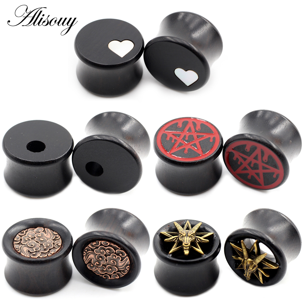 Alisouy 2 miếng gỗ tự nhiên trái tim sao mây đầu cừu đồng hồ đo đường hầm cắm expander cáng bông tai xỏ khuyên trang sức cơ thể