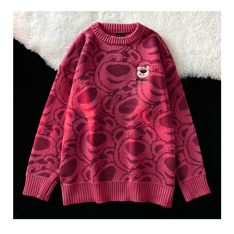 Áo Sweater Cổ Tròn Dáng Rộng In Hình Gấu Và Dâu Tây Màu Đỏ Rượu Vang Phong Cách Nhật Bản Thời Trang Thu Đông Cho Nữ IZCE