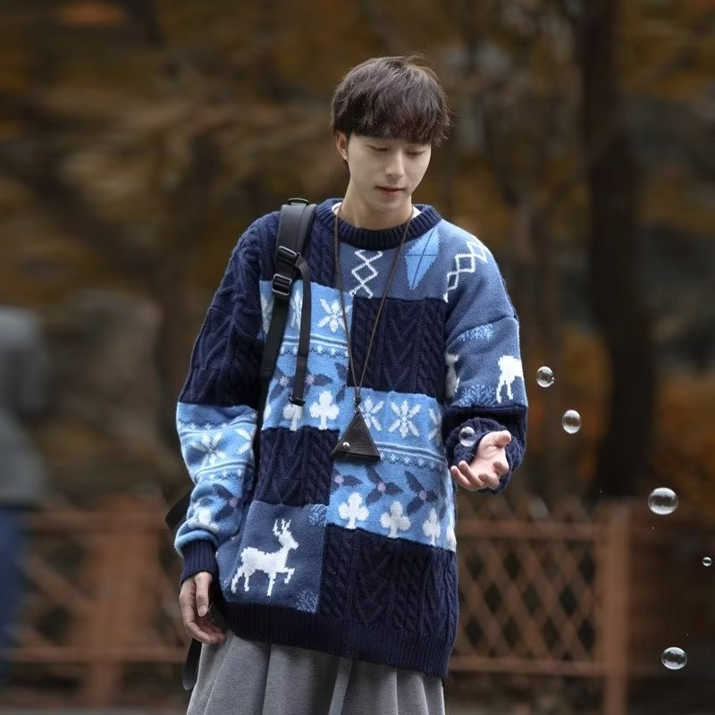 Áo sweater nam AOKANG dáng rộng dệt kim đơn giản phối họa tiết tuần lộc retro Giáng sinh phong cách Hàn Quốc