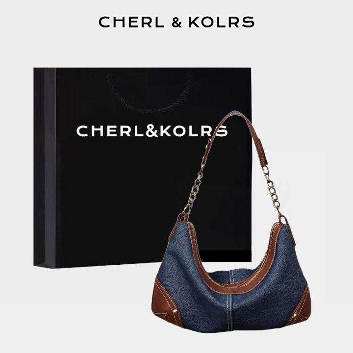 Túi xách tay CHERLKOLRS phối vải denim màu sắc tương phản phong cách vintage thời trang dành cho nữ