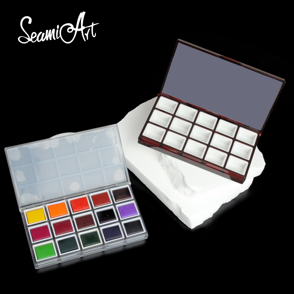 Seamiart 15 grids hộp tranh nhựa di động kín ẩm với nửa chảo cho màu nước dầu acrylic gouache paint subpackage